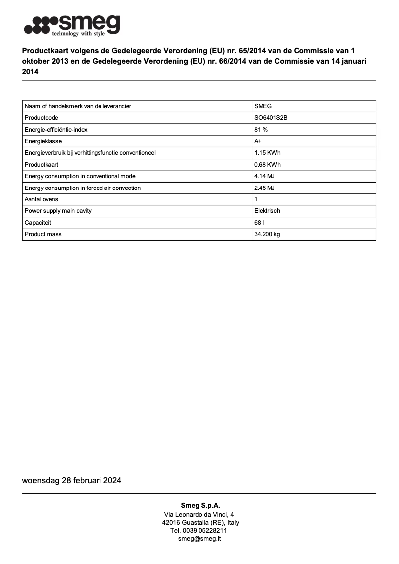 Page 1 of the manual Technical Sheet Smeg SO6401S2B