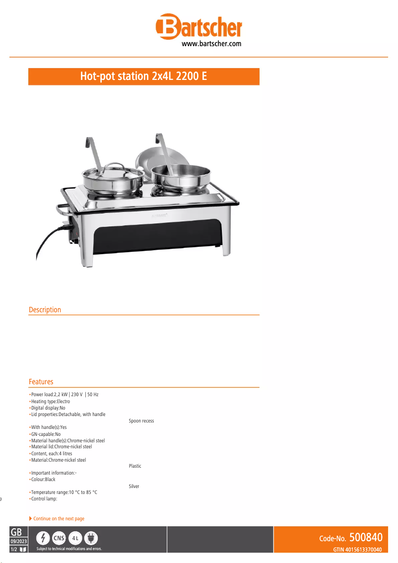 Page 1 of the manual Technical Sheet Bartscher 500840