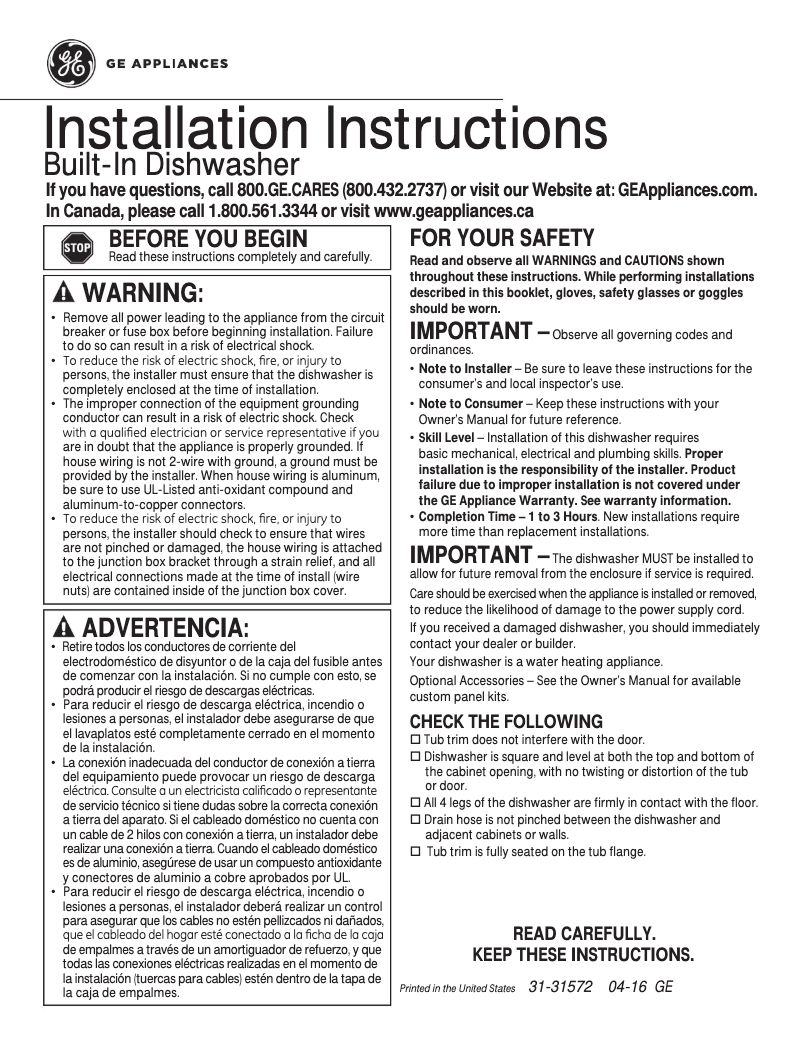 Page 1 of the manual Installation Guide GE GDT625PSJSS