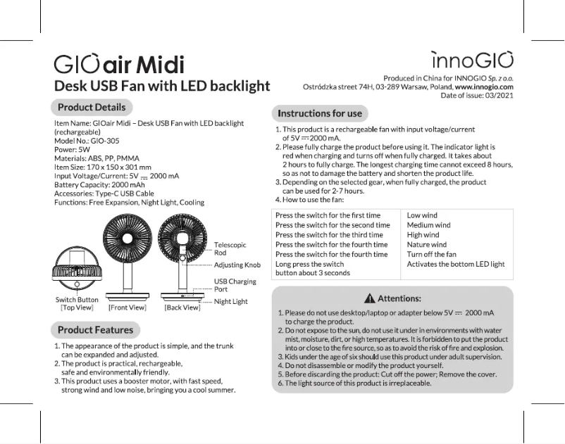 Page 1 of the manual User Manual InnoGIO Air Midi GIO-305