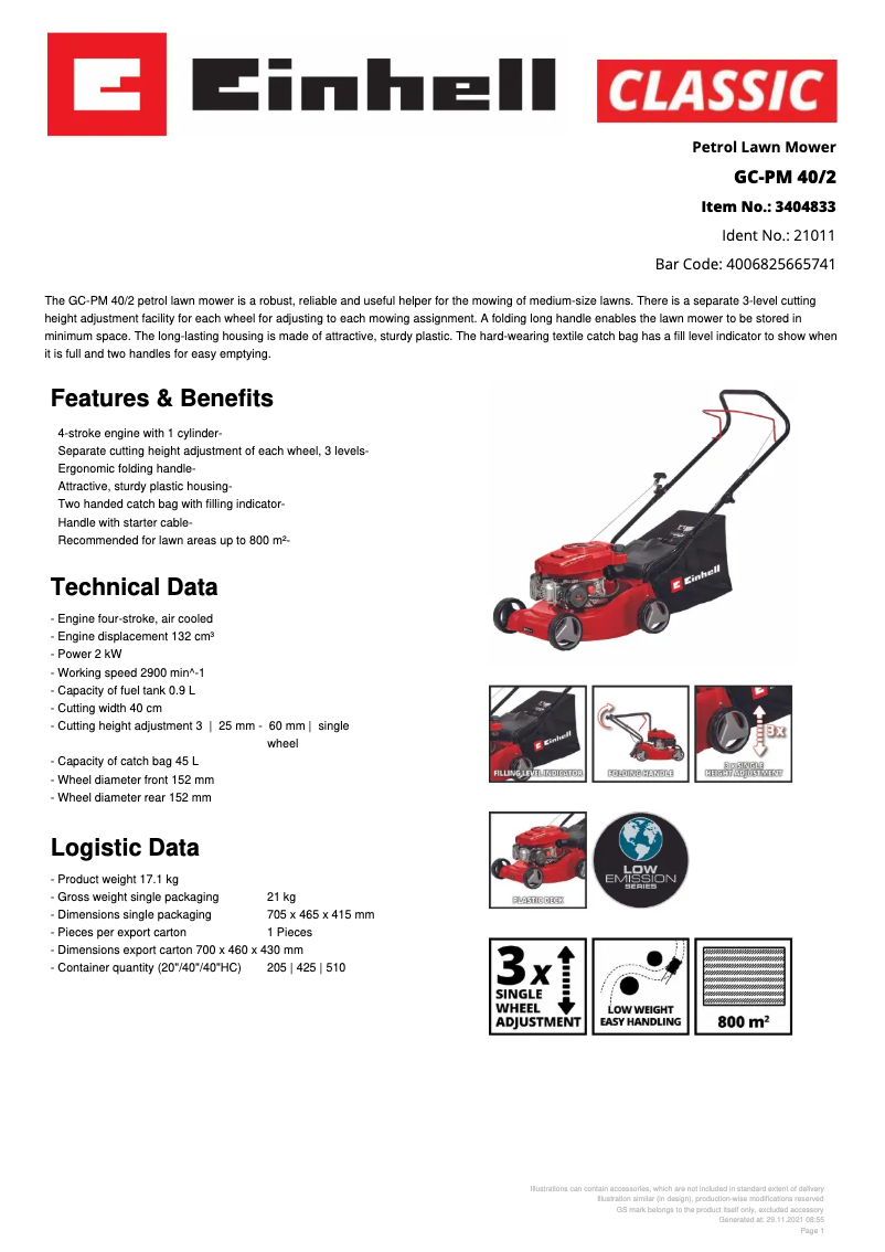 Page 1 of the manual Technical Sheet Einhell GC-PM 40/2