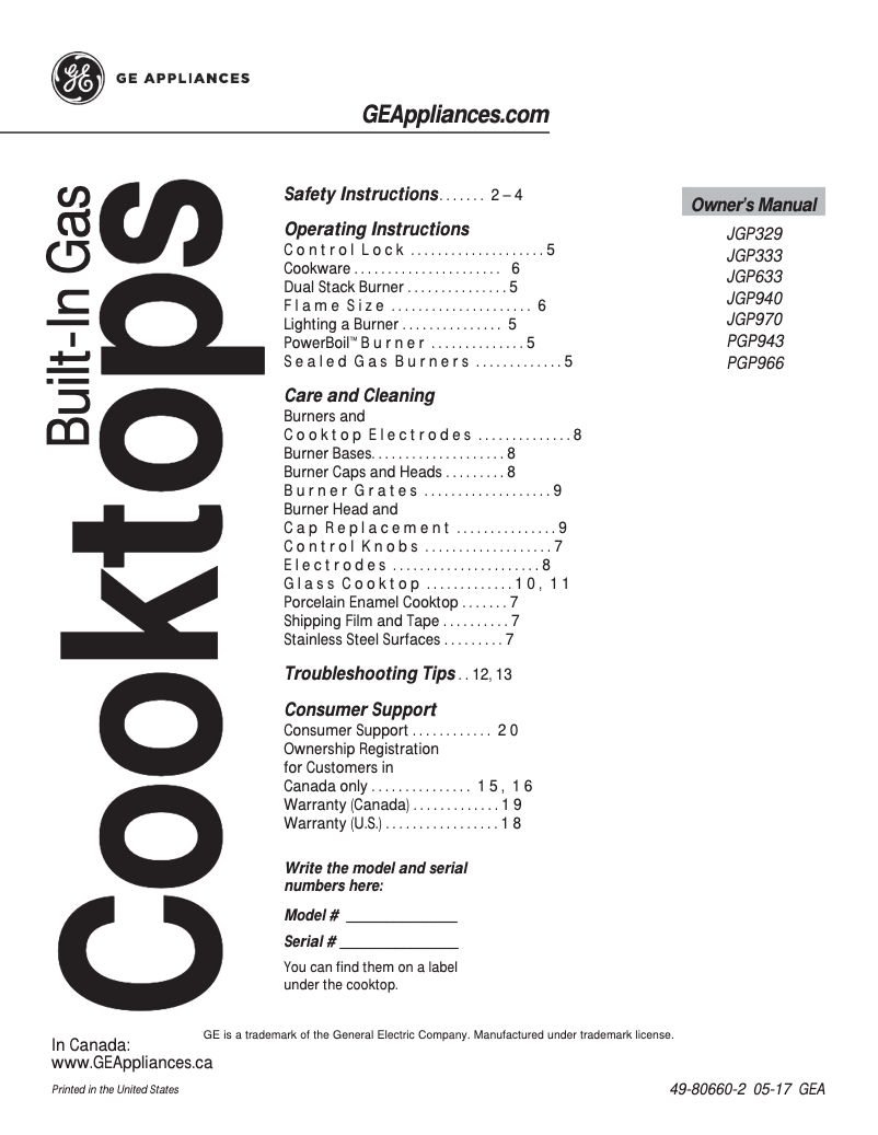 First page image of the manual for PGP966DETBB