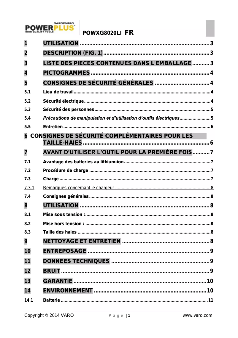 First page image of the manual for POWXG8020LI