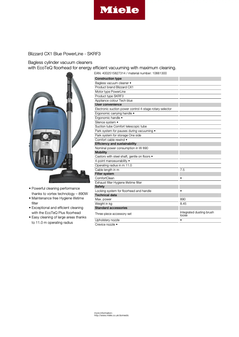 Page 1 of the manual Technical Sheet Miele Blizzard CX1 Blue PowerLine