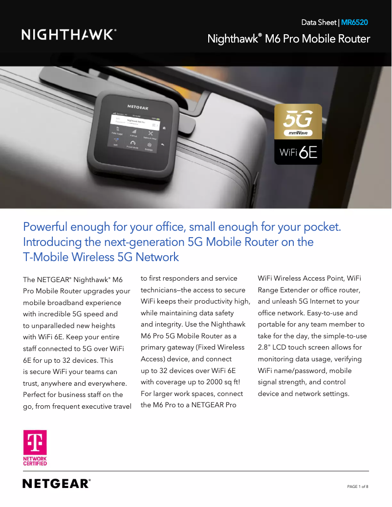 Page 1 de la notice Fiche technique Netgear Nighthawk M6 Pro MR6520