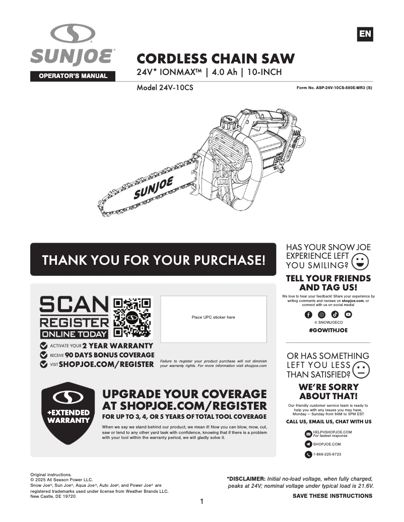Page 1 of the manual User Manual Sun Joe 24V-10CS