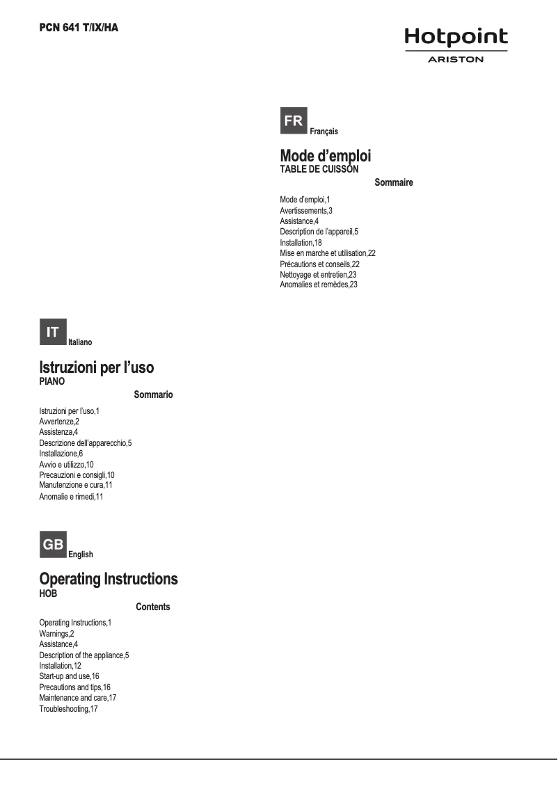 First page image of the manual for PCN 641 T/IX/HA