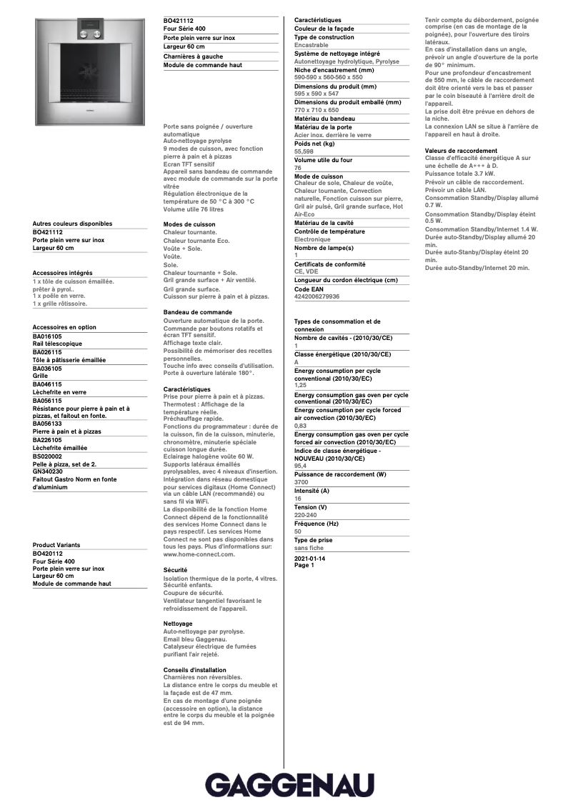 Page 1 of the manual Technical Sheet Gaggenau BO421112