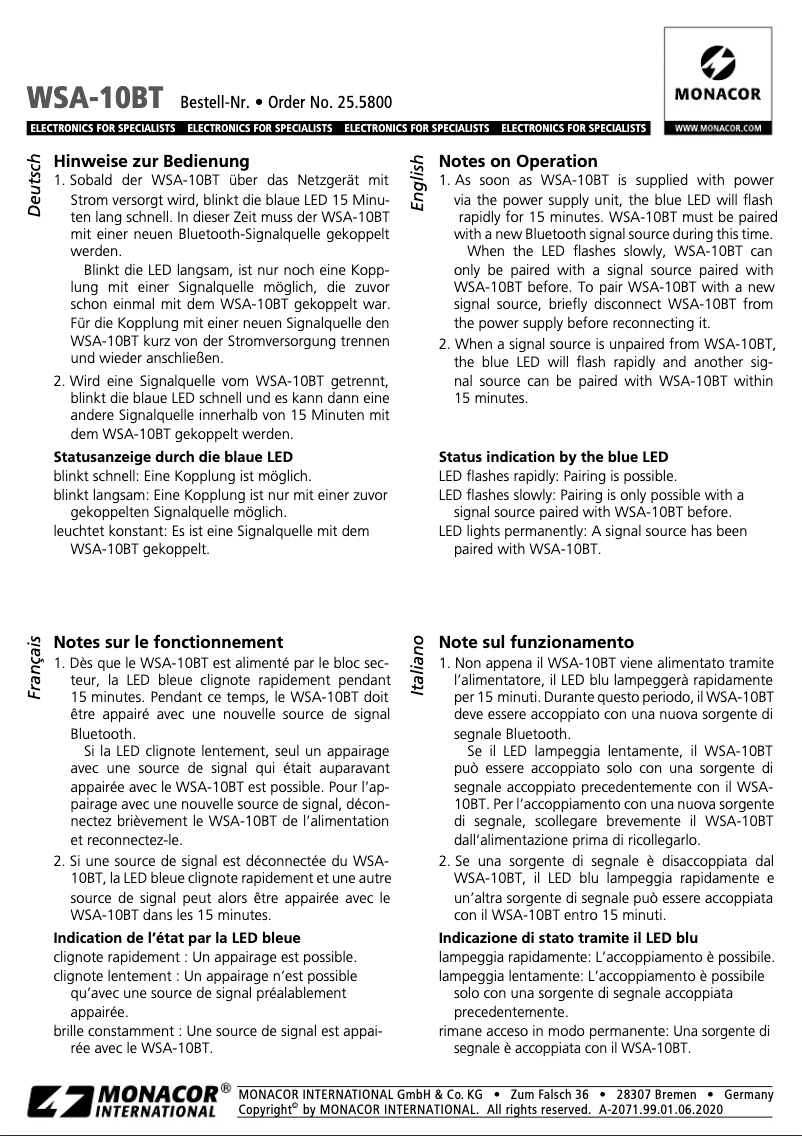 First page image of the manual for WSA-10BT