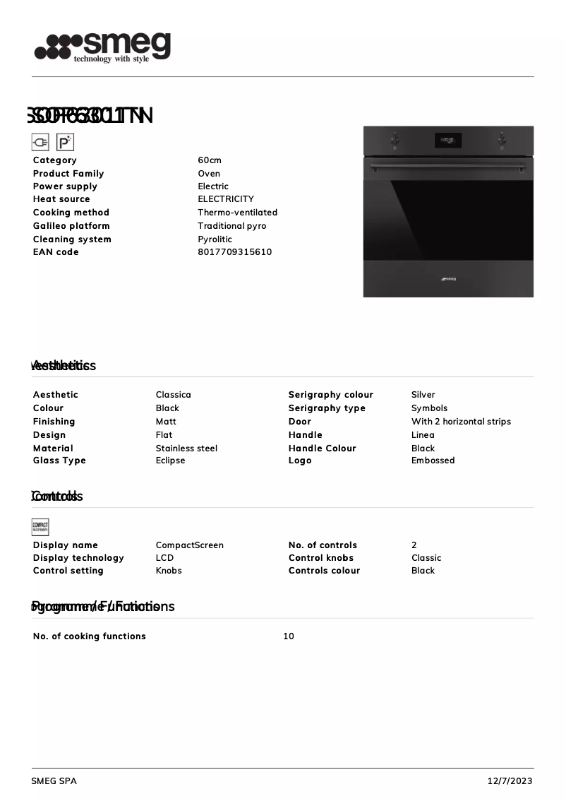 Page 1 of the manual Technical Sheet Smeg SOP6301TN