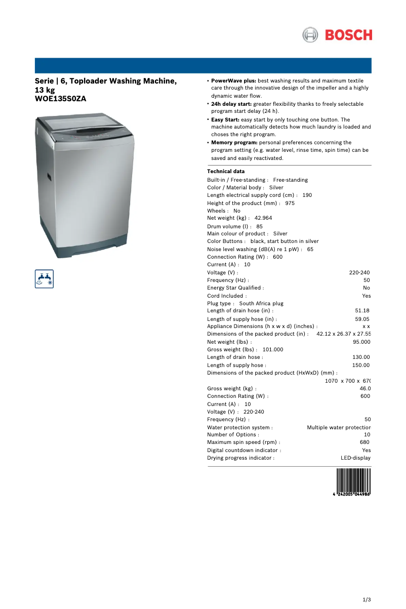 Page 1 of the manual Technical Sheet Bosch WOE135S0ZA