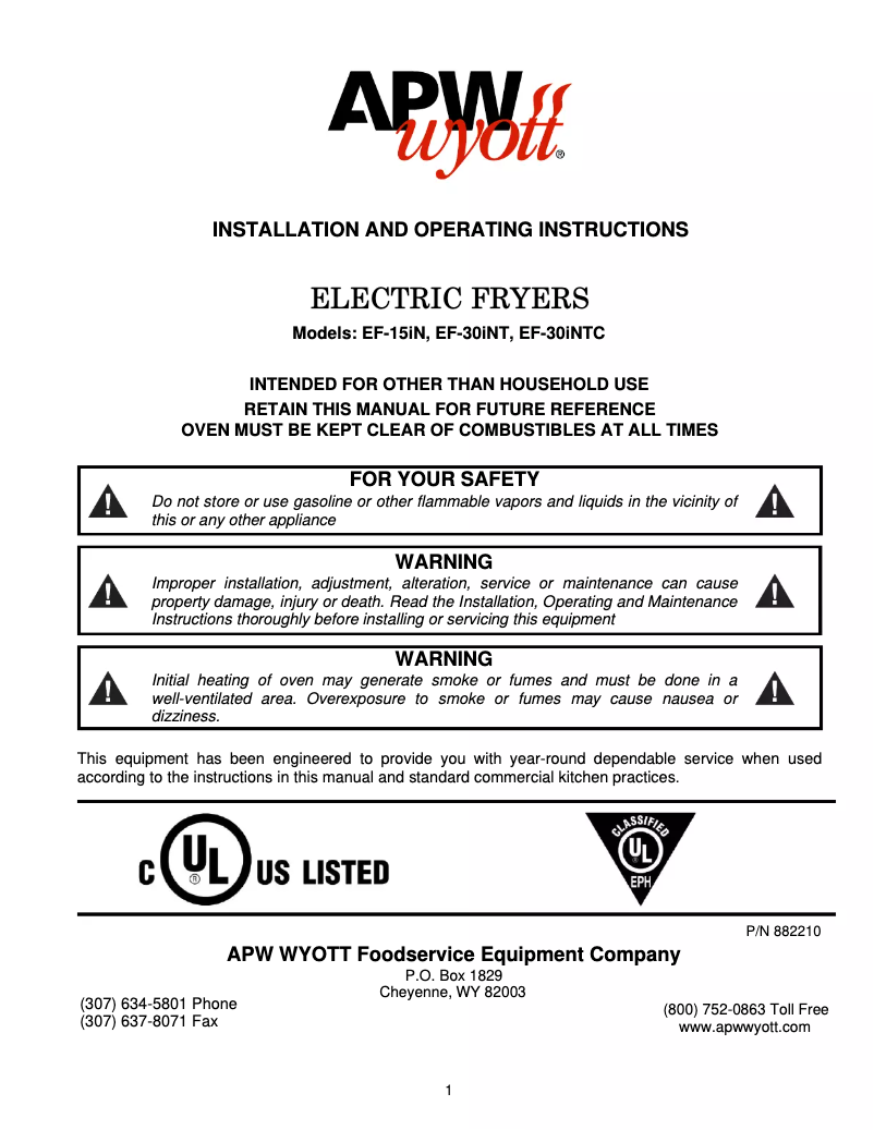 Page 1 of the manual User Manual APW Wyott EF-30iNT