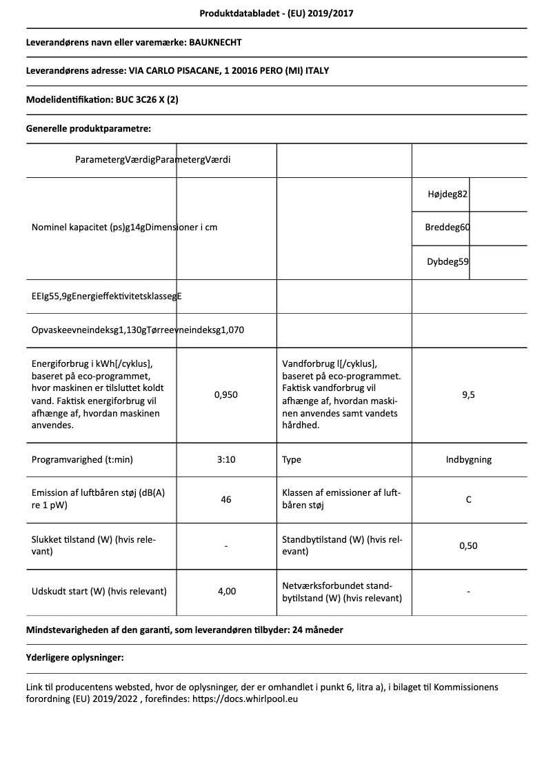 Page 1 of the manual Technical Sheet Bauknecht BUC 3C26 X