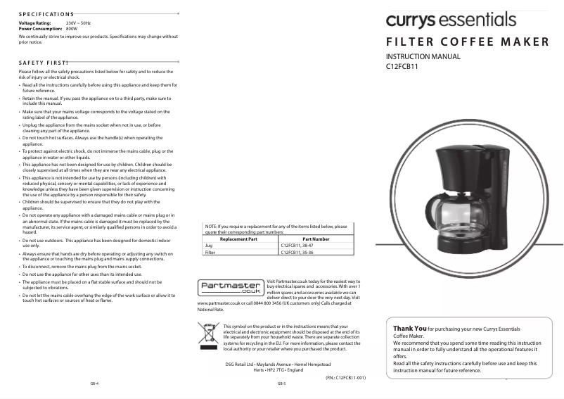 Page 1 of the manual User Manual Currys Essentials C12FCB11