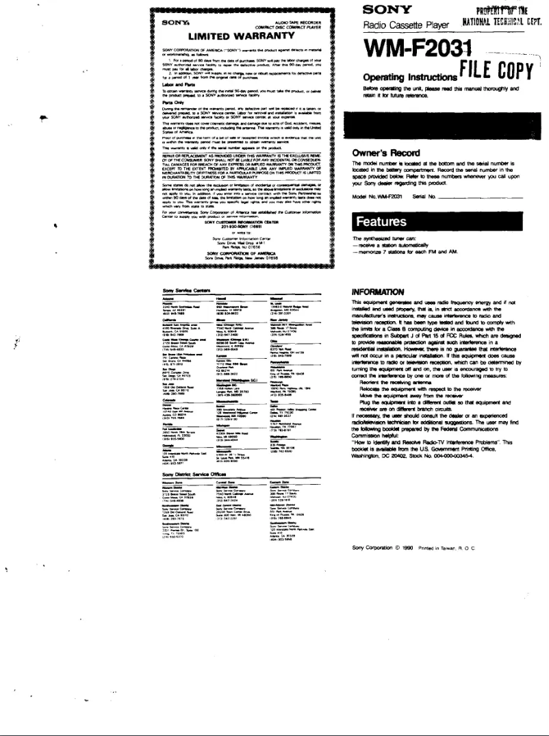 First page image of the manual for Walkman WM-F2031