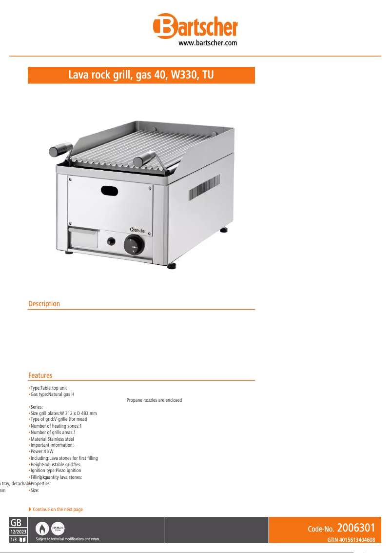 Page 1 of the manual Technical Sheet Bartscher 2006301