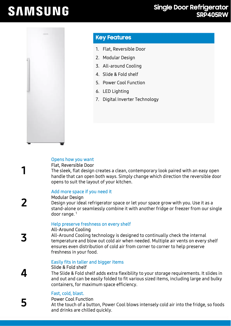 Page 1 of the manual Technical Sheet Samsung SRP405RW