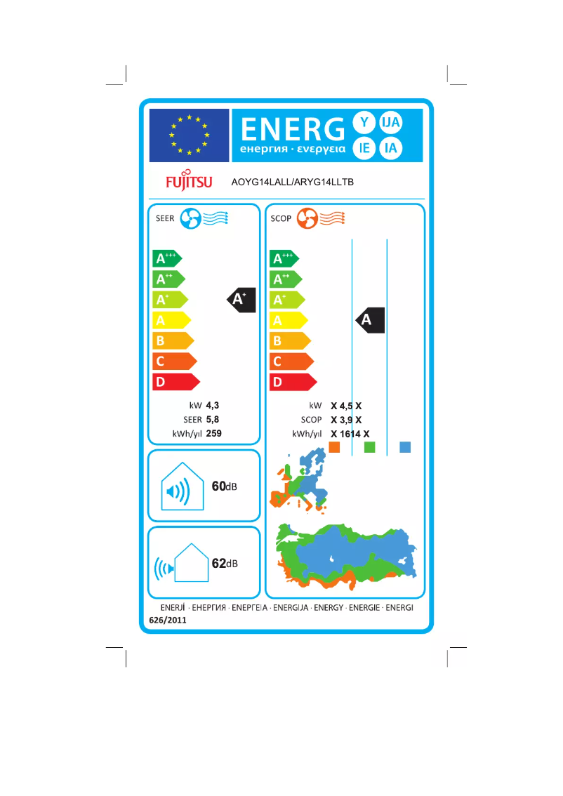 Page 1 de la notice Label énergétique Fujitsu ARYG14LLTB