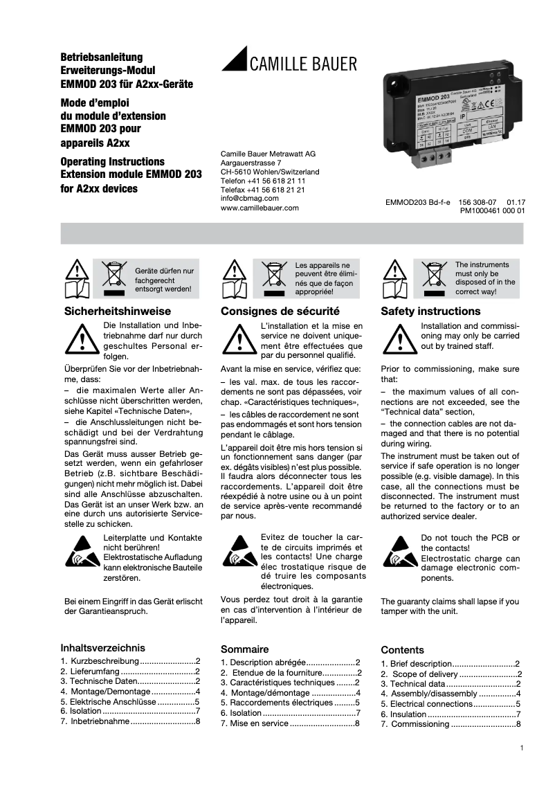 Page 1 of the manual User Manual Camille Bauer EMMOD203