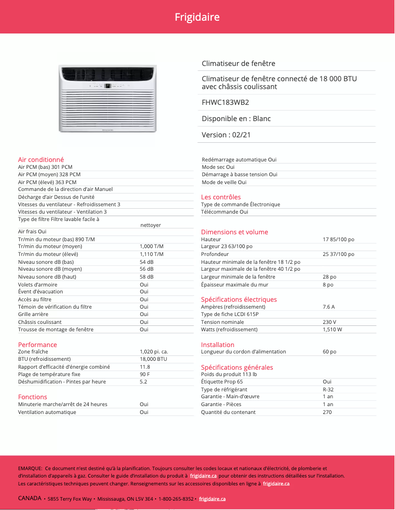 First page image of the manual for FHWC183WB2