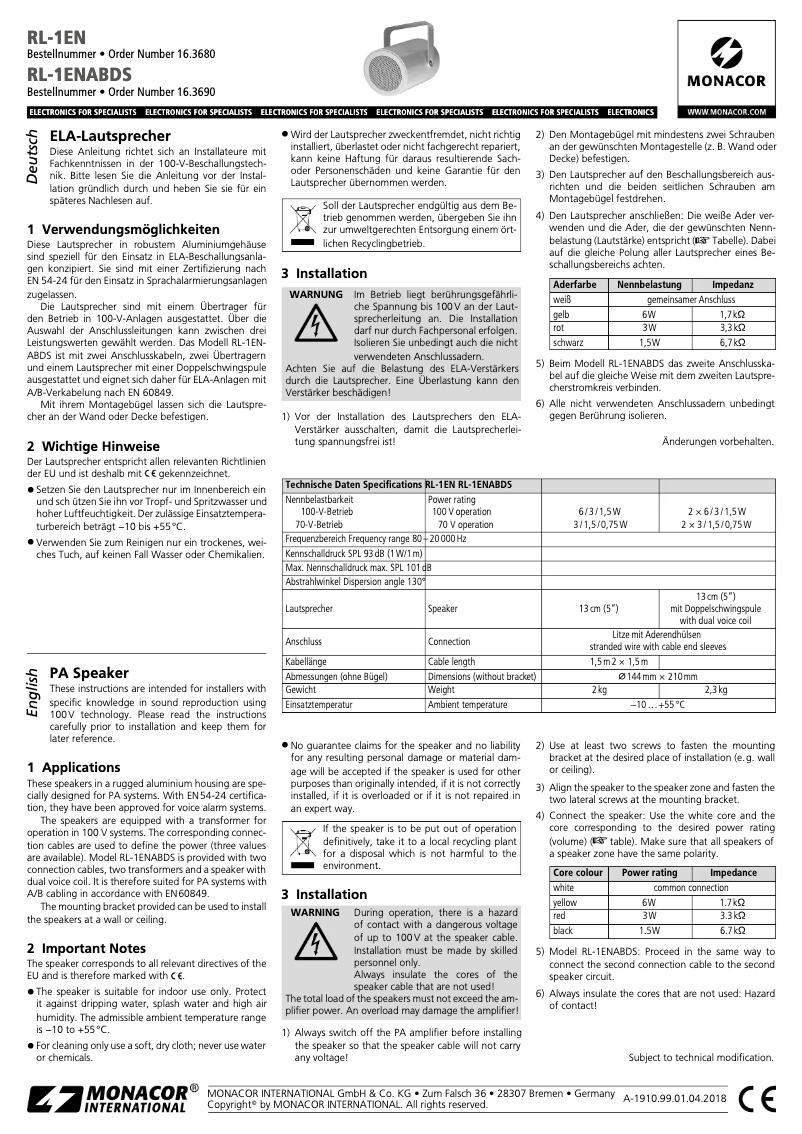 Page 1 of the manual User Manual Monacor RL-1EN