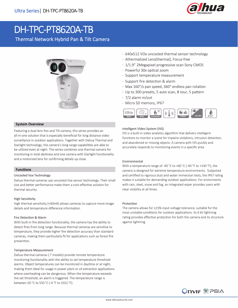 Page 1 of the manual Technical Sheet Dahua Technology TPC-PT8620A-TB