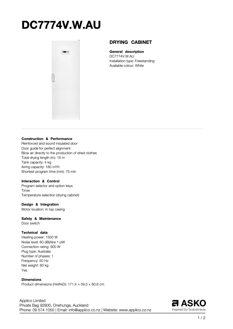 Page 1 of the manual Technical Sheet Asko DC7774V.W.AU