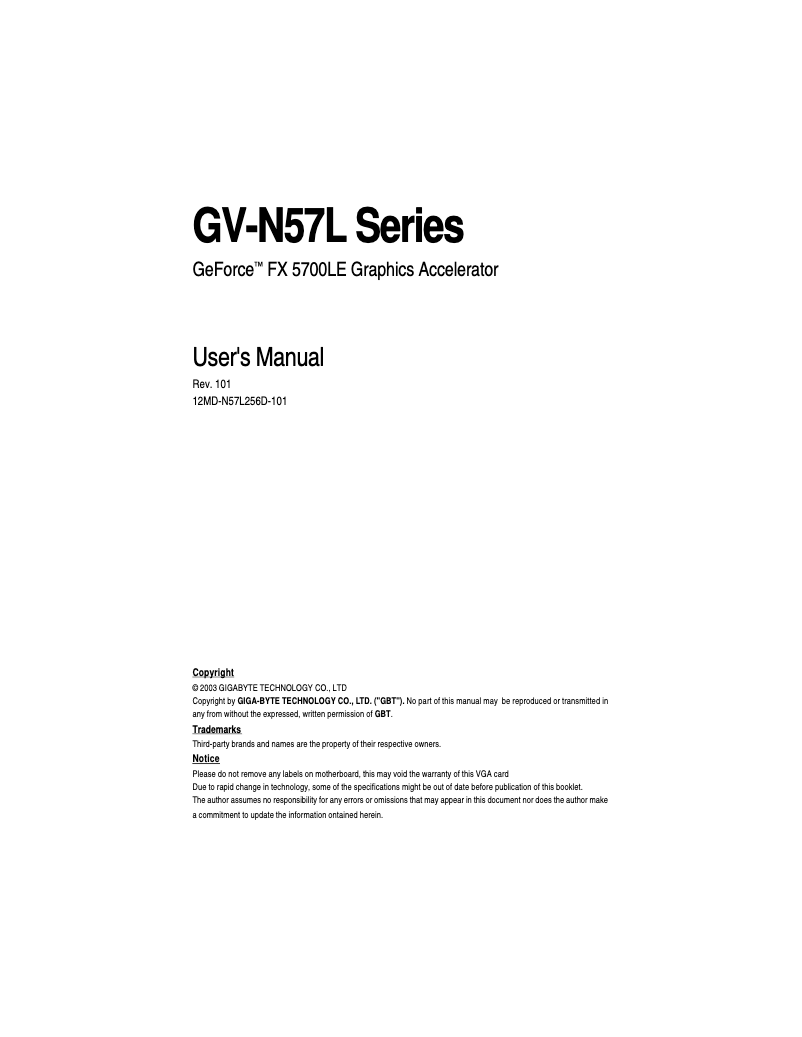 First page image of the manual for GV-N57L128DP
