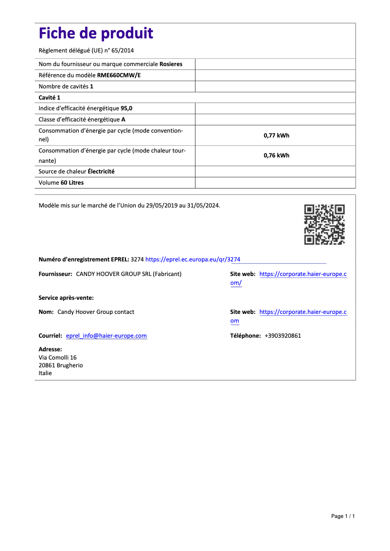 Page 1 of the manual Technical Sheet Rosieres RME660CMW/E