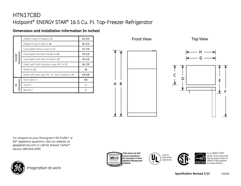 Page 1 of the manual Technical Sheet Hotpoint HTN17CBDRCC