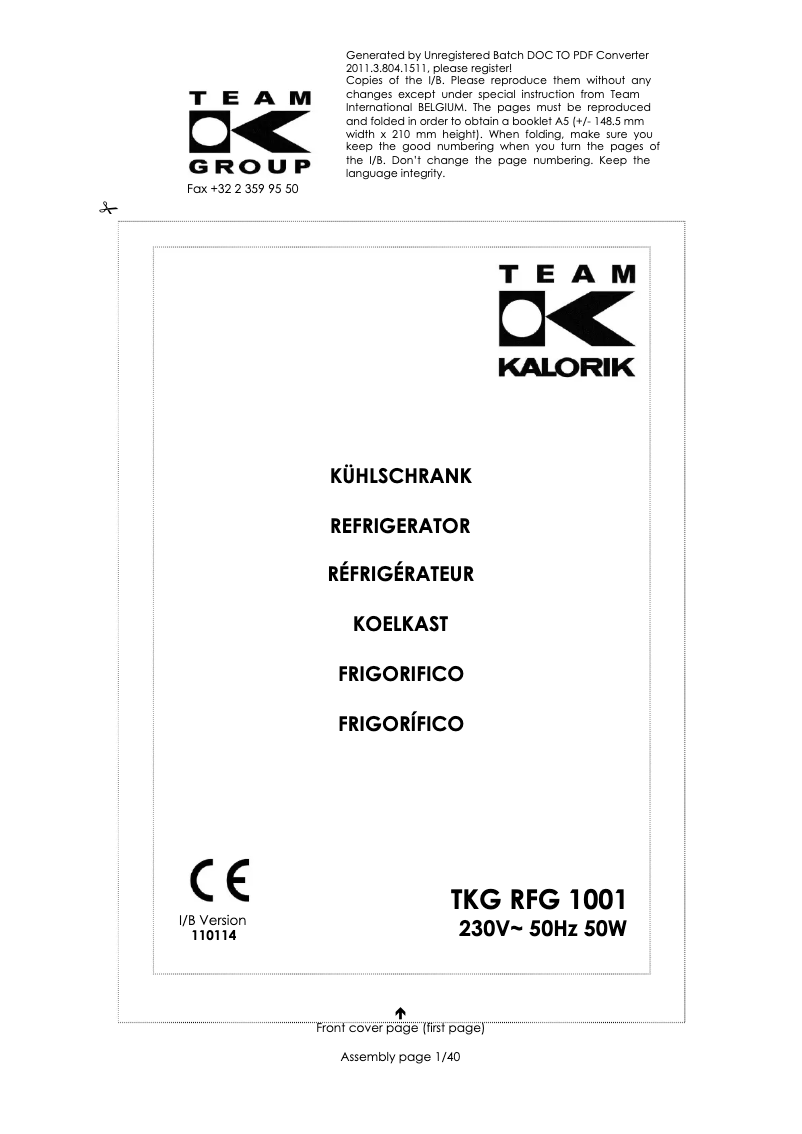 Page 1 of the manual User Manual Kalorik TKG RFG 1001