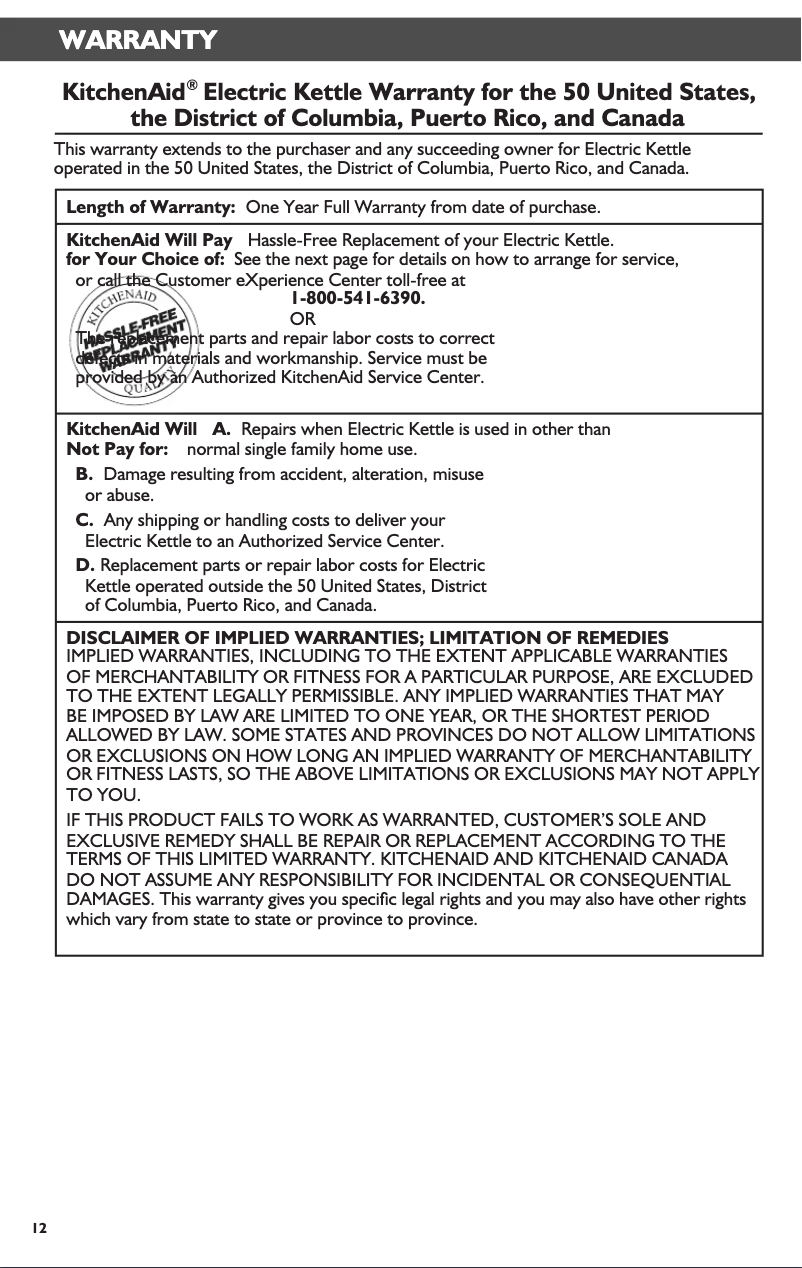 Page 1 of the manual Warranty Information KitchenAid KEK1565ER