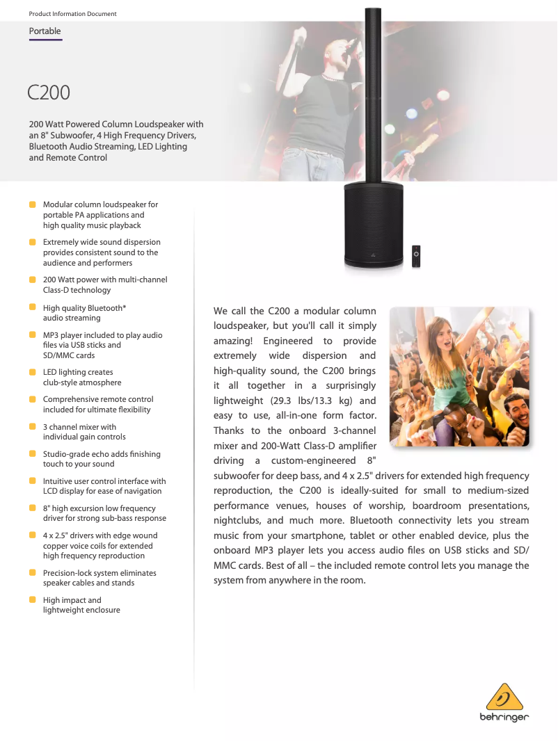 Page 1 of the manual Technical Sheet Behringer C200
