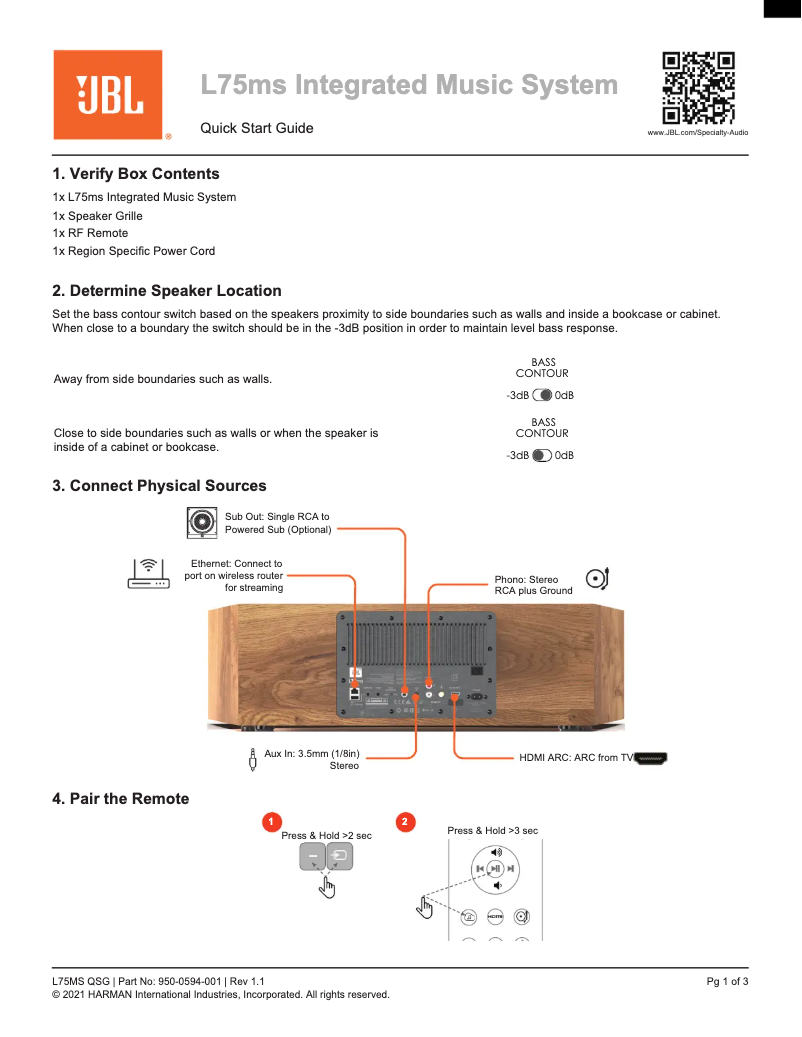 Page 1 of the manual Quick Start Guide JBL L75ms
