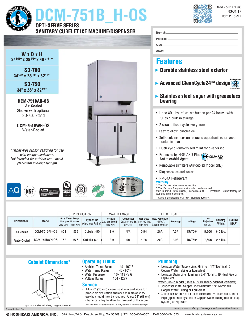 Page 1 of the manual Technical Sheet Hoshizaki DCM-751BWH-OS