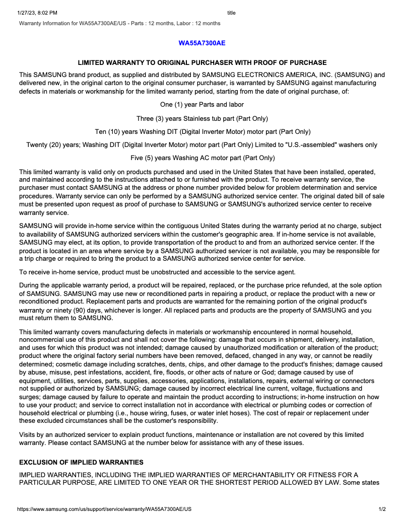 Page 1 of the manual Warranty Information Samsung WA55A7300AE