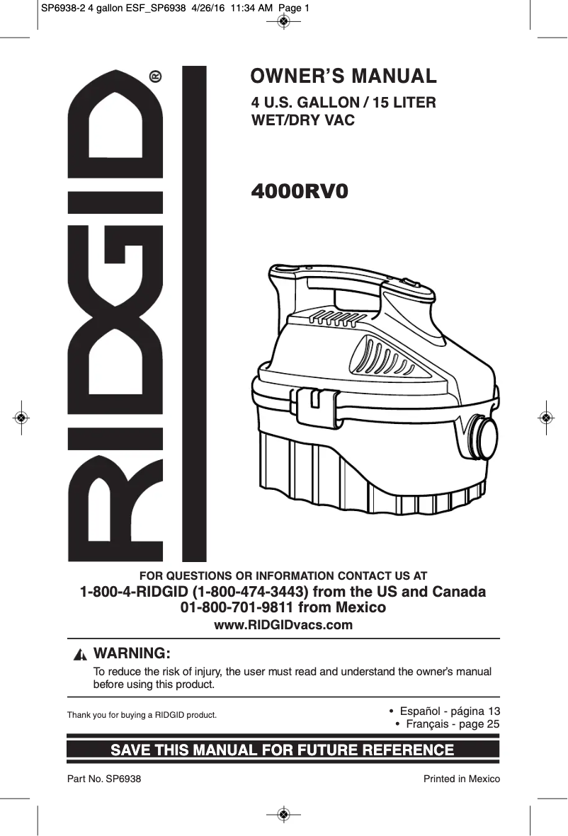 Page 1 of the manual User Manual Ridgid 4000RV