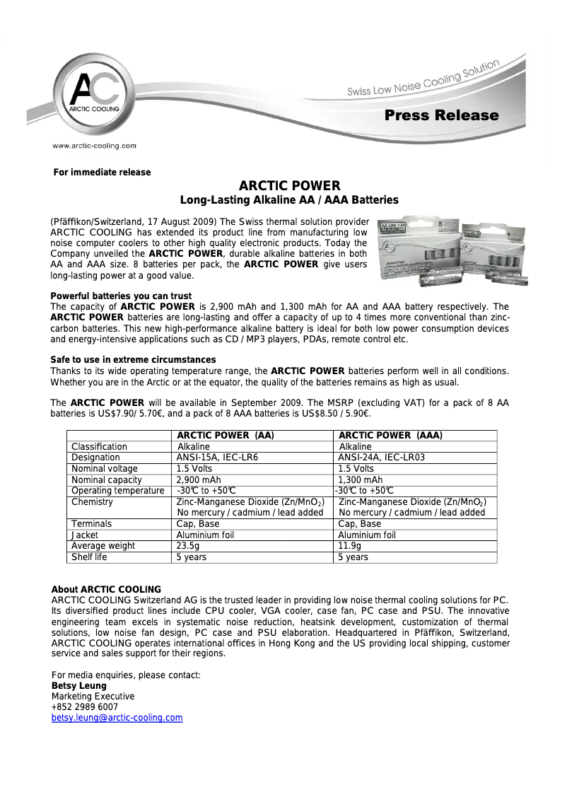 Page 1 of the manual User Manual Arctic Cooling Alkaline AA