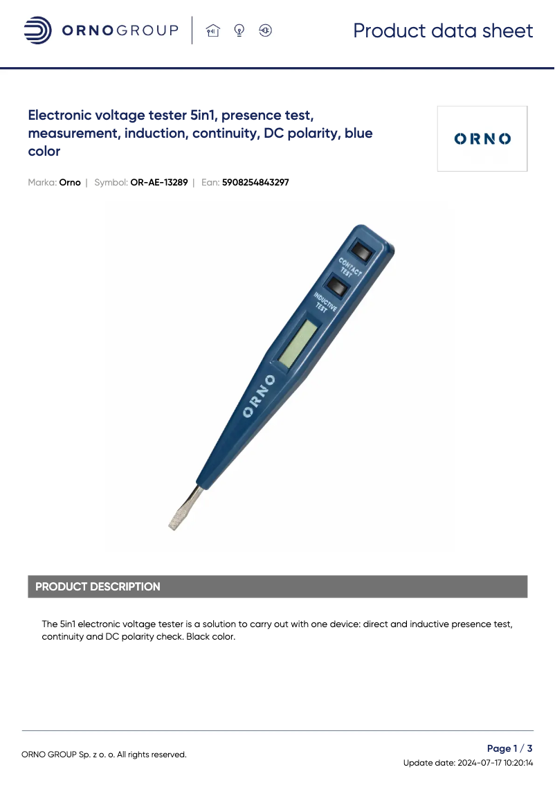 Page 1 de la notice Fiche technique ORNO OR-AE-13289