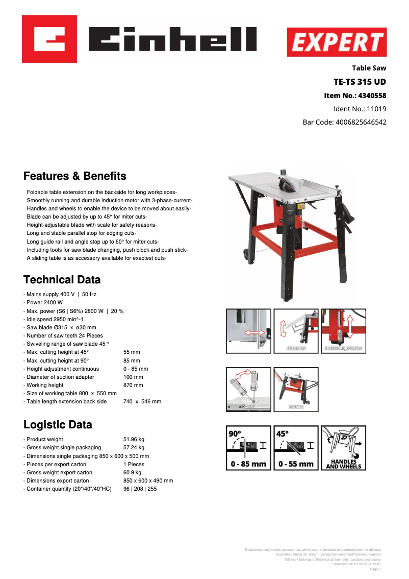 Page 1 of the manual Technical Sheet Einhell TE-TS 315 UD
