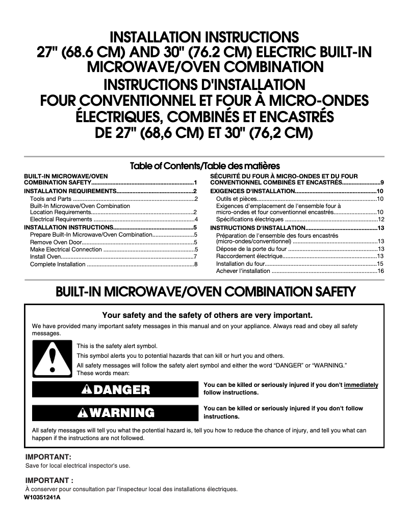 Page 1 of the manual Instructions / Assembly Whirlpool WOC54EC0AB