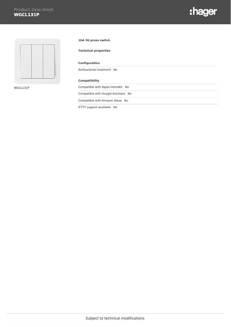 Page 1 of the manual Technical Sheet Hager WGCL131P