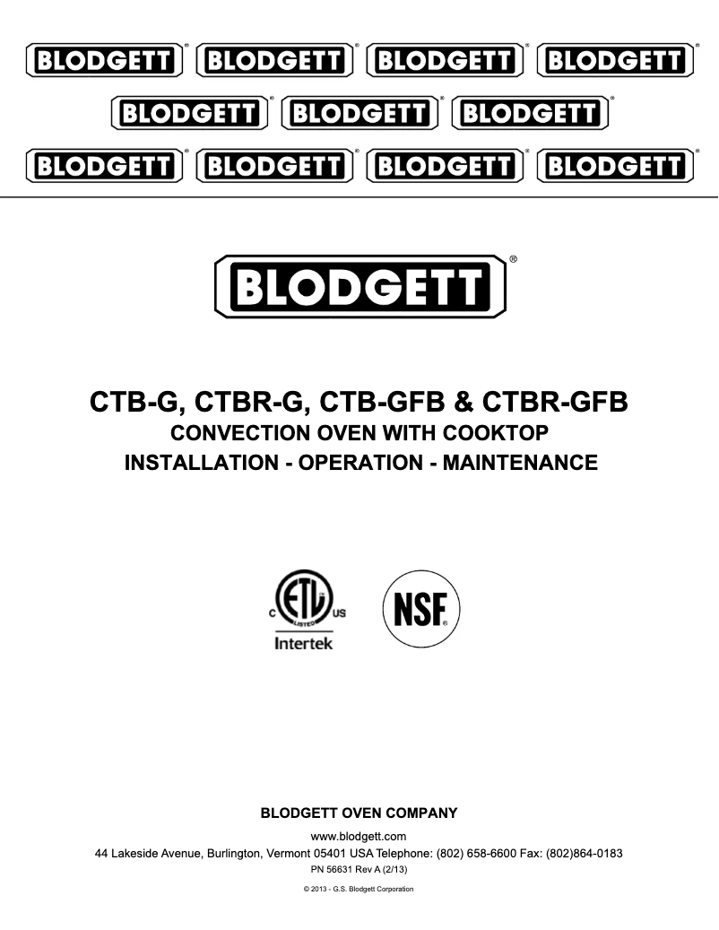 Page 1 of the manual User Manual Blodgett CTB-GFB