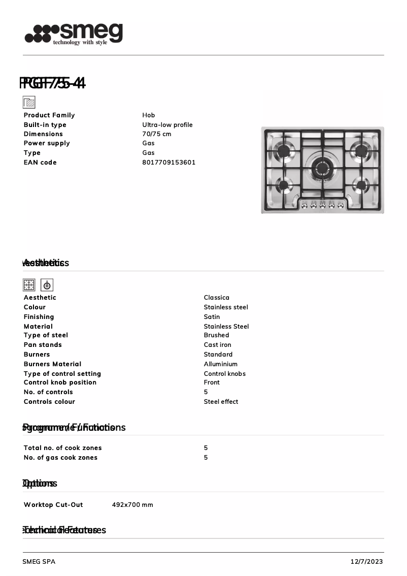 Page 1 of the manual Technical Sheet Smeg PGF75-4