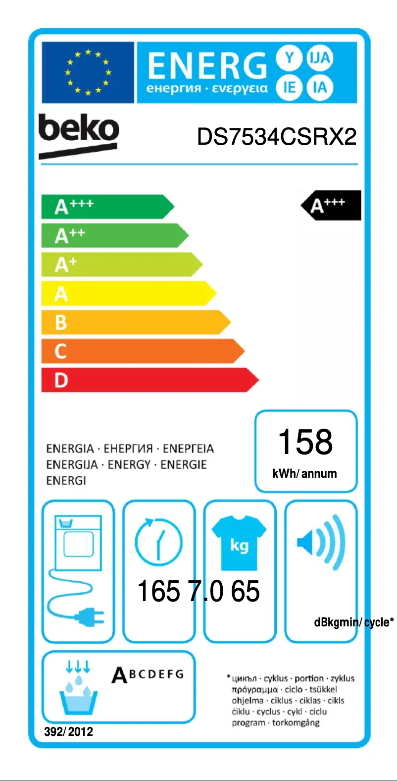 Page 1 of the manual Energy Label Beko DS7534CSRX2