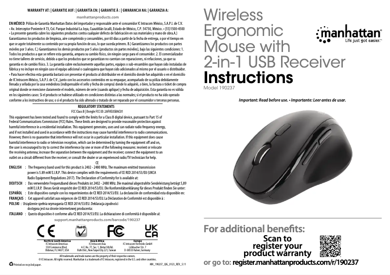 Page 1 de la notice Manuel utilisateur Manhattan 190237