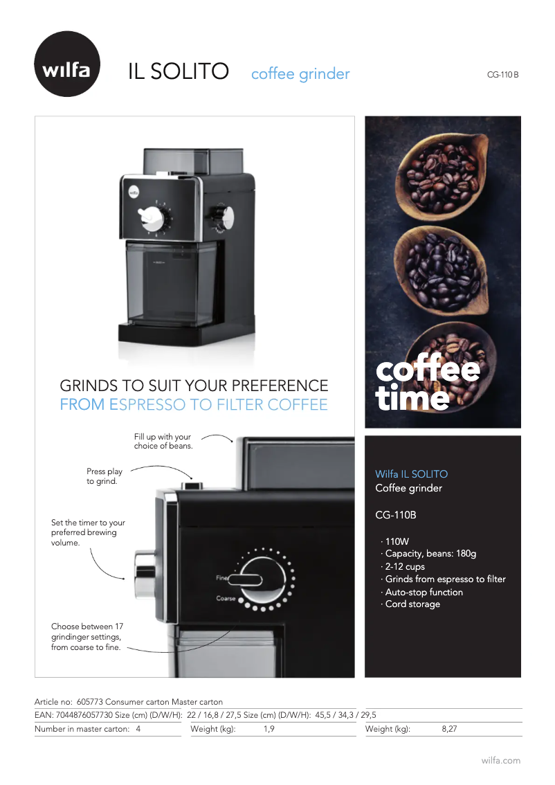 Page 1 of the manual Brochure Wilfa Il Solito CG-110B