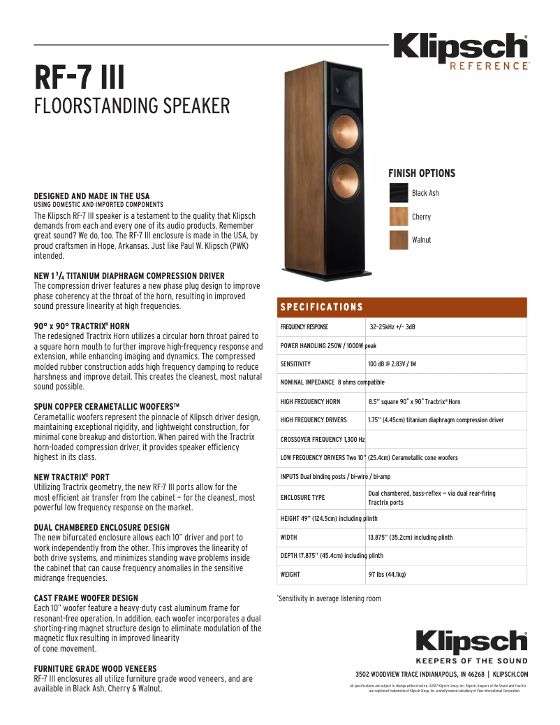 Page 1 of the manual Technical Sheet Klipsch Reference RF-7 III