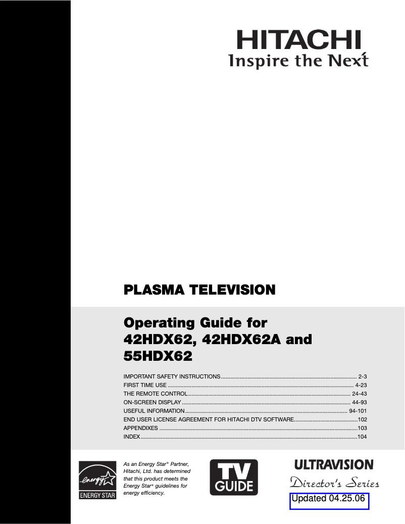 Page 1 of the manual User Manual Hitachi 42HDX62A
