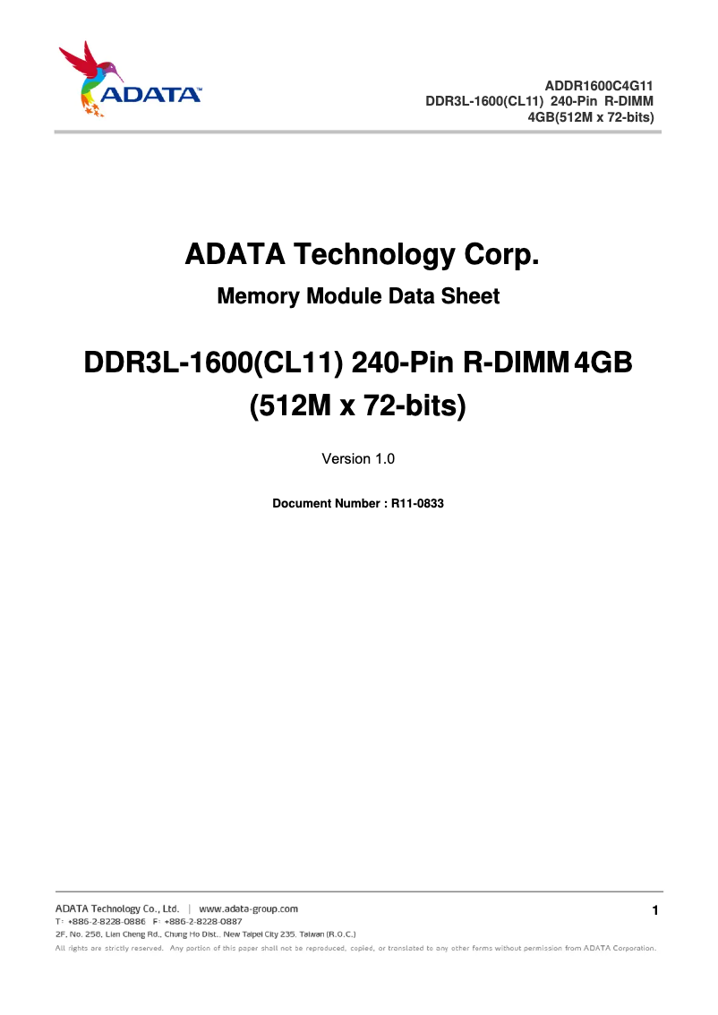 Page 1 of the manual User Manual ADATA DDR3L R-DIMM